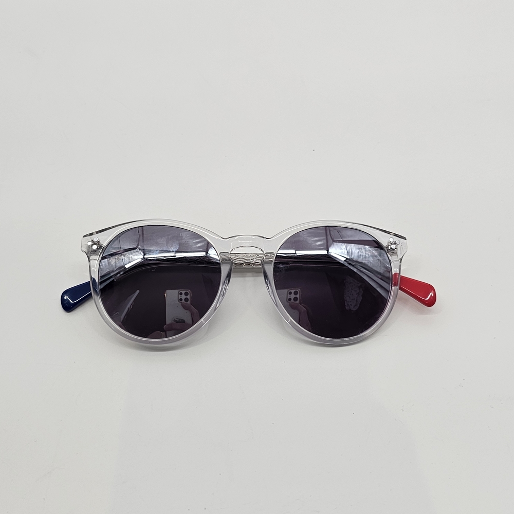 Clear Frame Sunglasses with Grey Lenses and Red/Blue Temple Tips
